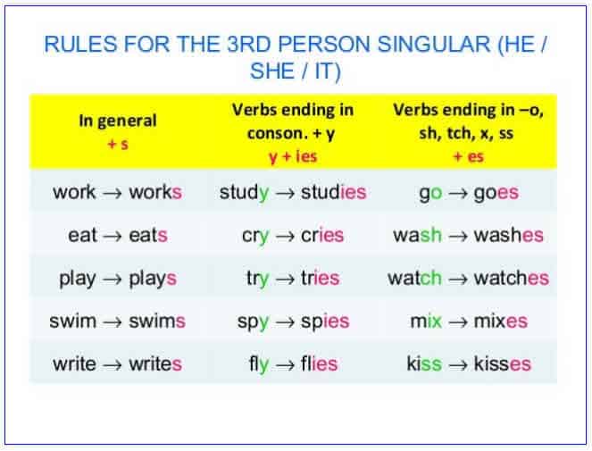 Third Person Singular - add s, ies, or ss to verbs